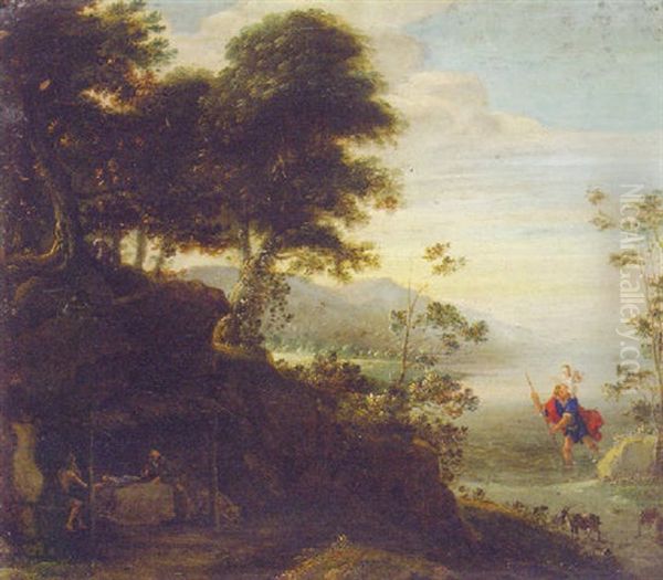 A Wooded Landscape With Saint Anthony Visiting Saint Paul The Hermit And Saint Christopher Carrying The Christ Child Oil Painting by Gillis Egidius I Peeters
