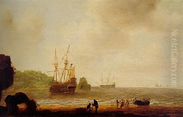 An African Beach Scene With Figures By A Small Fishing Boat, Other Ships Beyond Oil Painting by Gillis Egidius I Peeters
