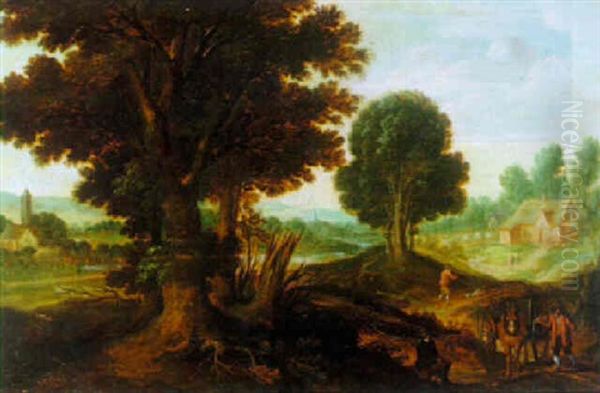Wooded Landscape With A Farmer Driving His Horse And Cart, A Church Spire In The Distance Oil Painting by Gillis Egidius I Peeters