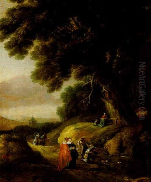 A Wooded Landscape With Hunters And Other Figures On A Path, With A Woman And Child Praying At A Shrine Oil Painting by Gillis Egidius I Peeters