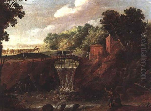 An Extensive Landscape With A Couple Resting On A Path Beside A Weir, A Wooden Bridge Spanning A Waterfall Beyond Oil Painting by Gillis Egidius I Peeters