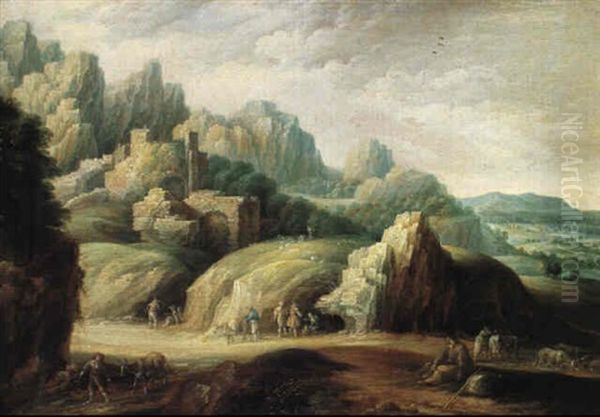 A Mountainous Landscape With Herdsmen And Their Flocks Oil Painting by Gillis Egidius I Peeters