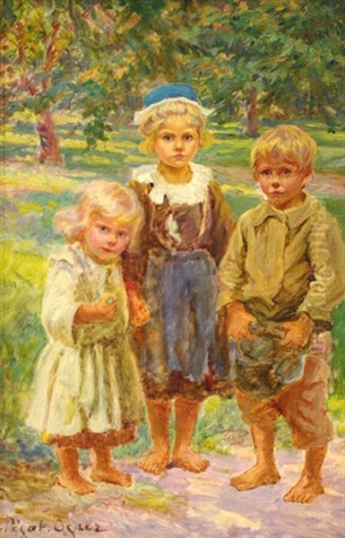 Trois Enfants Bretons Oil Painting by Jean Bertrand Pegot-Ogier