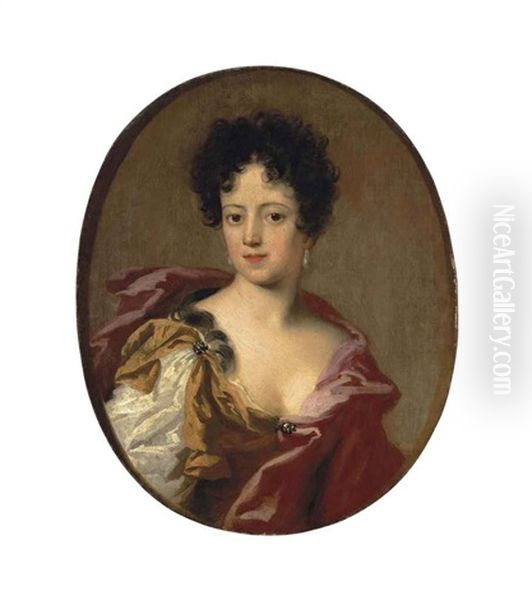 Portrait Of A Woman, Half-length, In A Yellow Dress And Red Wrap, With Pearl Earrings Oil Painting by Giovanni Antonio Pellegrini