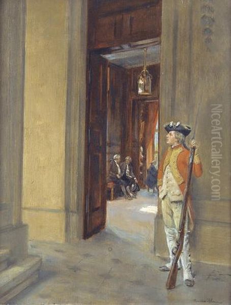 Hofische Szene Mit Gardesoldat. Oil Painting by Maurice Blum