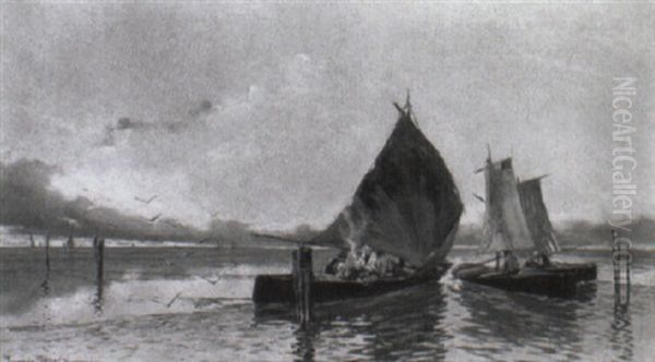 Laguna Veneta Con Barche E Pescatori Oil Painting by Riccardo Pellegrini