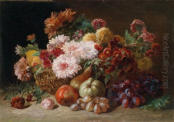 Herbstliches Stillleben Mit Blumenkorb Und Fruchten Oil Painting by Jules Antoine Pelletier