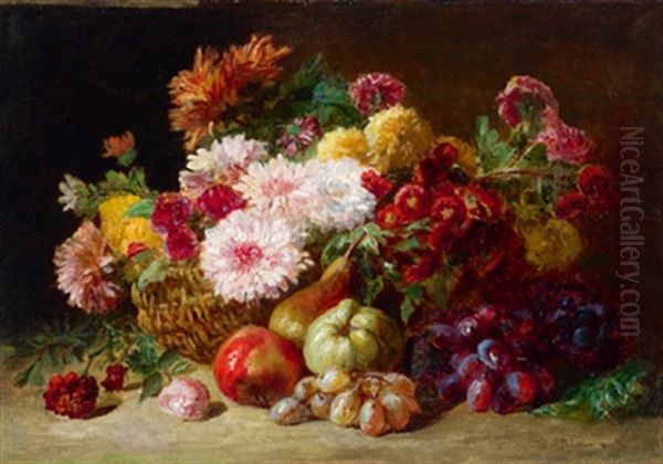 Stillleben Mit Weintrauben Und Birnen Vor Einem Uppig Gefullten Blumenkorb Oil Painting by Jules Antoine Pelletier