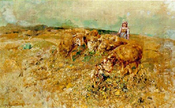 Pastorella E Pecore Nel Paesaggio Oil Painting by Tito Pellicciotti