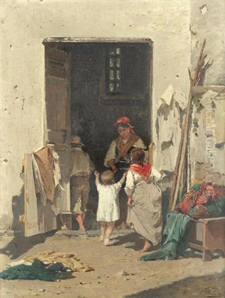 Mother And Children In A Doorway Oil Painting by Francesco Peluso