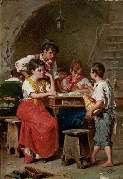 In Einer Stube Um Den Tisch Versammelte Familie Bei Einem Zahlspiel Oil Painting by Francesco Peluso