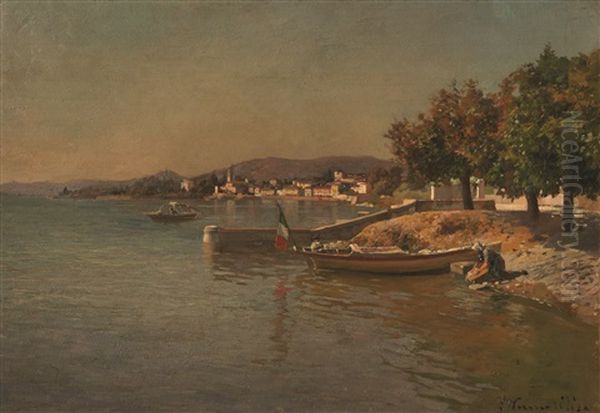 Costa Con Lavandera Y Barco Oil Painting by Giuseppe Pennasilico