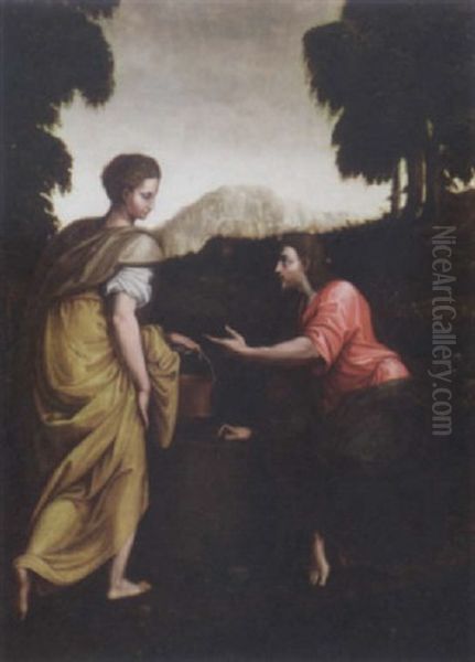 Christ And The Woman Of Samaria Oil Painting by Luca Penni