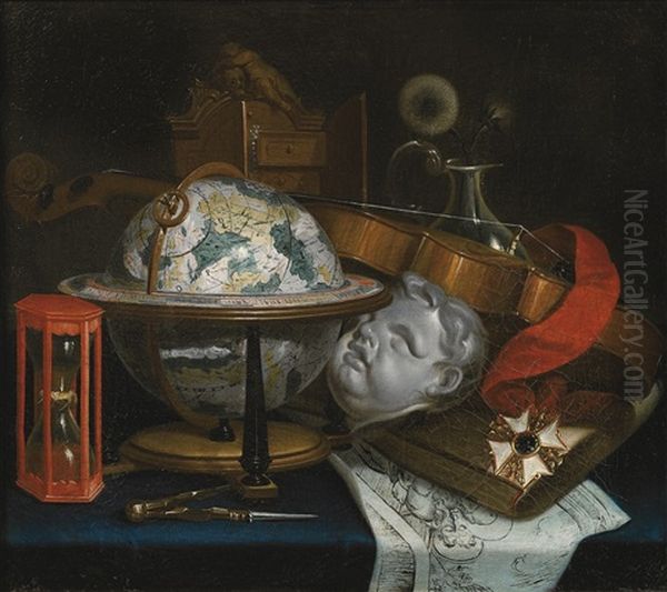 Vanitas Still Life With Globe, Violin, Hourglass And Military Medal Oil Painting by Jean Valette-Falgores Penot