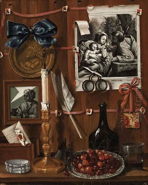 A Trompe L'oeil With Cherries On A Plate, A Candle, A Medallion, An Engraving Of The Holy Family And Other Objects Oil Painting by Jean Valette-Falgores Penot