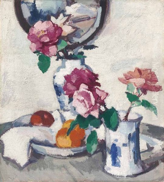 Still Life With Roses And Fruit Oil Painting by Samuel John Peploe