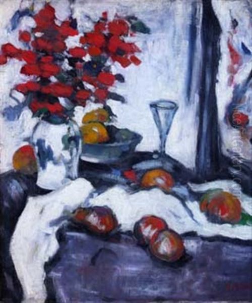 Still Life With Vase Of Flowers And Fruit Oil Painting by Samuel John Peploe