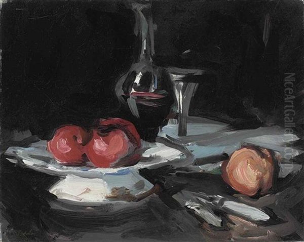 Still Life With A Wine Decanter, A Glass And Apples Oil Painting by Samuel John Peploe