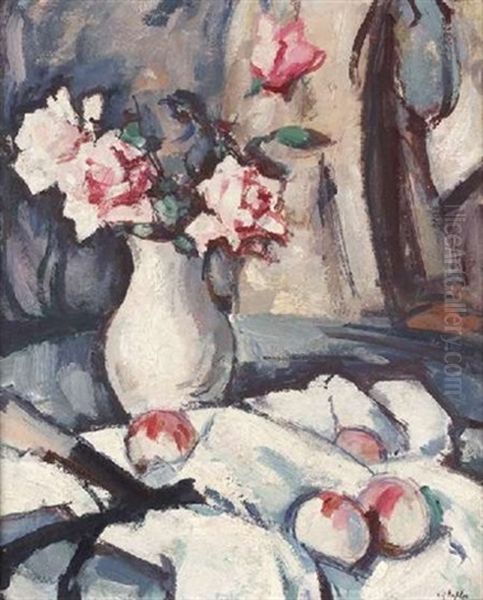 A Still Life Of Apples And Pink Roses (+ Still Life Sketch, Verso) Oil Painting by Samuel John Peploe