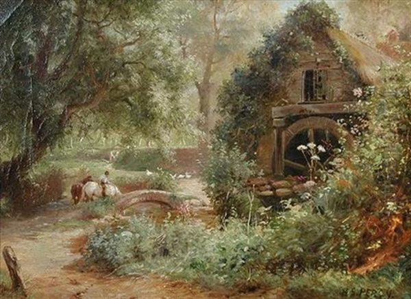 Carthorses Watering At A River By A Watermill Oil Painting by Herbert Sidney Percy