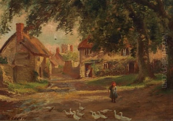 Young Girl And Ducks In A Farmyard Oil Painting by Herbert Sidney Percy
