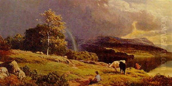 A Drover And Cattle In A Mountainous Lake Landscape Oil Painting by Sidney Richard Percy