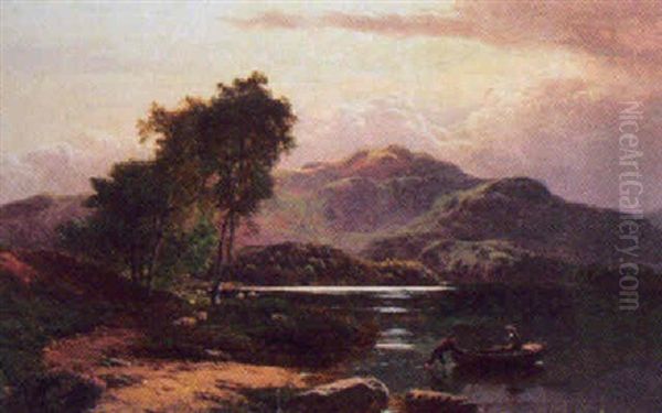 Skotskt Landskap Med Fiskande Man, I Bakgrunden Far Oil Painting by Sidney Richard Percy