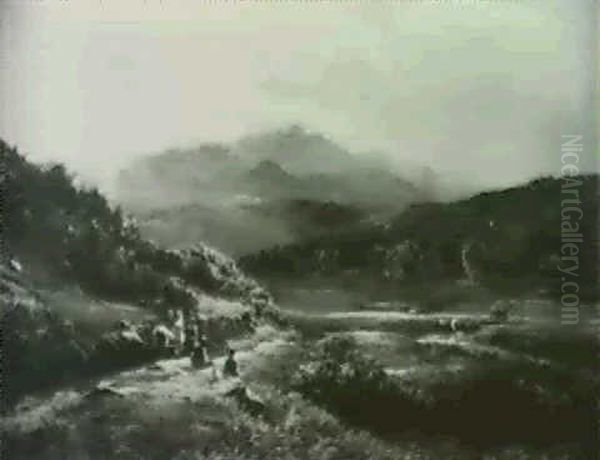 Young Travellers And Pony Resting In A Extensive Highland   Landscape With Flock And Cattle Grazing Oil Painting by Sidney Richard Percy