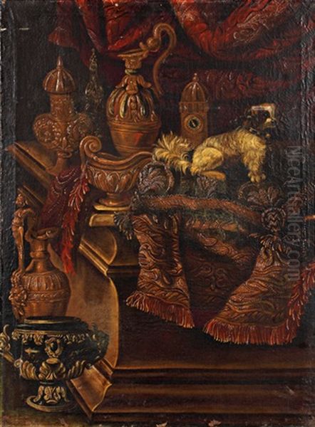 Chien Et Horloge Sur Un Entablement Avec Un Tapis Oil Painting by Antonio de Pereda y Saldago