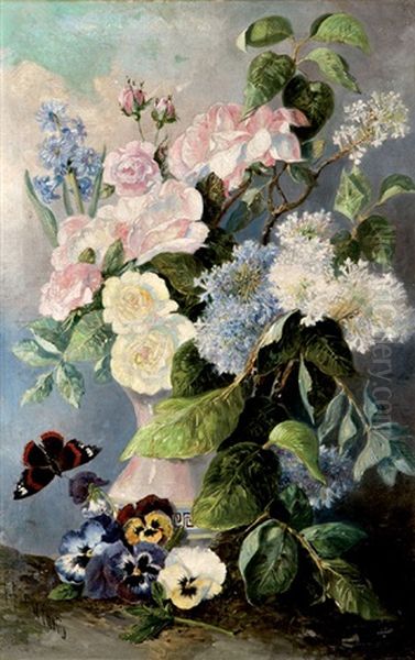 Bodegon De Flores Con Mariposa Oil Painting by Pedro Perez De Castro