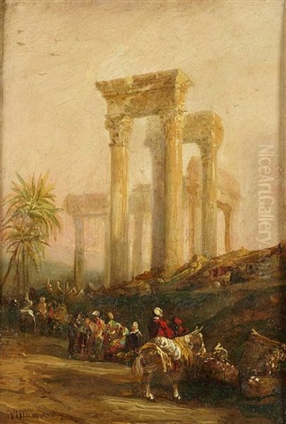 Personajes Orientales Sobre Un Paisaje Con Ruinas Oil Painting by Genaro Perez Villaamil Y Duguet