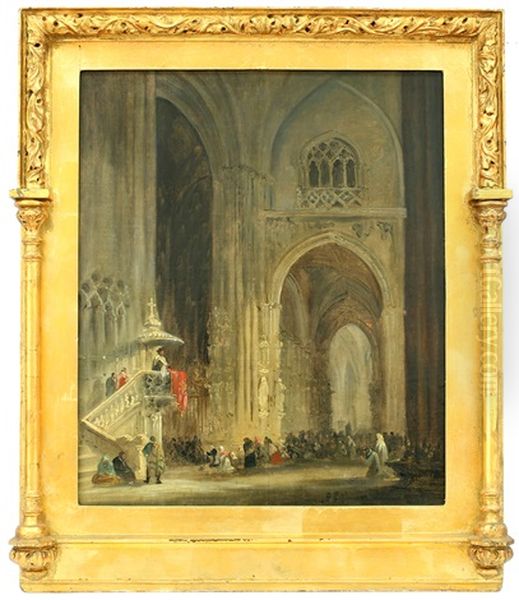 Cathedral Interior Oil Painting by Genaro Perez Villaamil Y Duguet