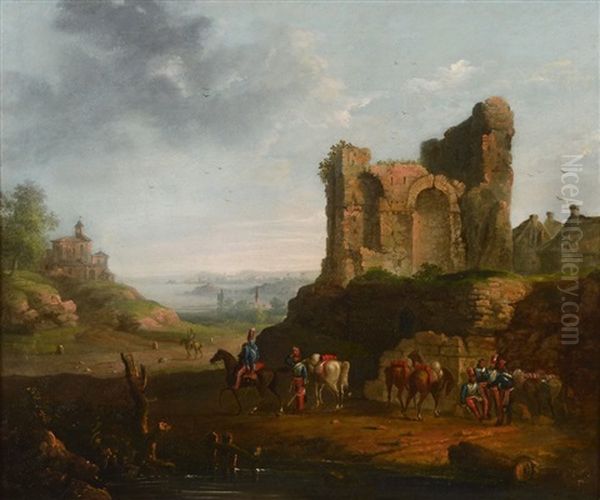 French Hussars Resting, Spanish Campaign Of 1823 Oil Painting by Genaro Perez Villaamil Y Duguet