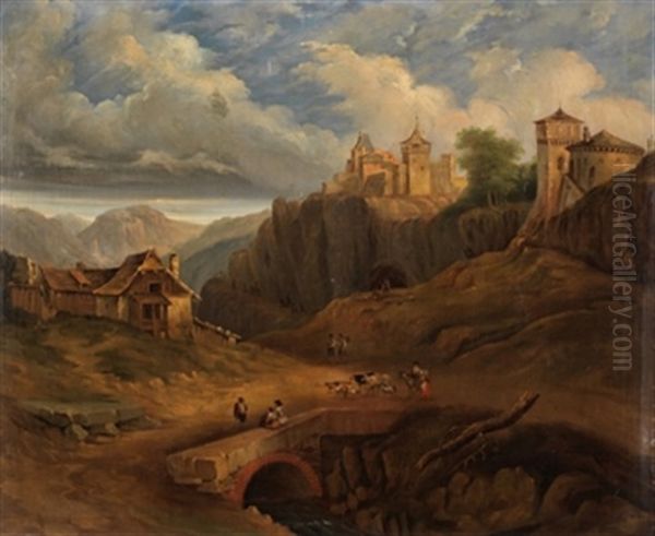 Pueblo En Las Montanas Con Personajes Oil Painting by Genaro Perez Villaamil Y Duguet