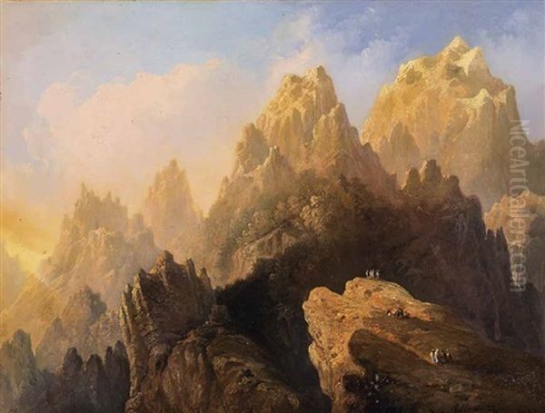 Romantische, Lichtdurchflutete Hochgebirgslandschaft Mit Personen Oil Painting by Genaro Perez Villaamil Y Duguet