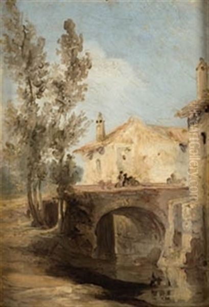 Puente En El Pueblo Oil Painting by Genaro Perez Villaamil Y Duguet