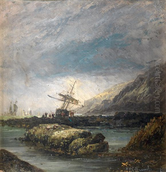 Navios En Paisaje Rocoso Oil Painting by Genaro Perez Villaamil Y Duguet