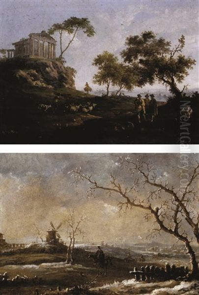 Invierno (+ Primavera; Pair) Oil Painting by Genaro Perez Villaamil Y Duguet