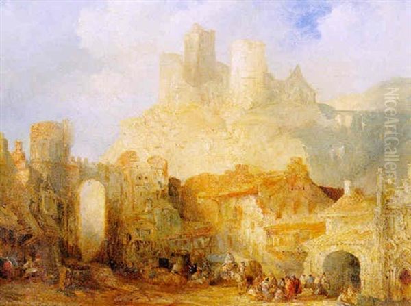 Vue De L'entree D'une Ville Dominee Par Une Forteresse En Ruine Oil Painting by Genaro Perez Villaamil Y Duguet
