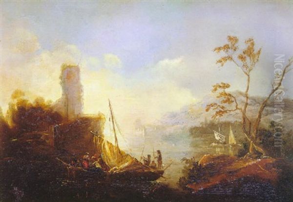 Paisaje Con Personajes Y Barcos Oil Painting by Genaro Perez Villaamil Y Duguet