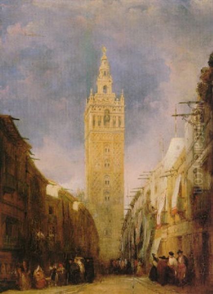 Vista De La Giralda Desde La Calle Borceguineria Oil Painting by Genaro Perez Villaamil Y Duguet