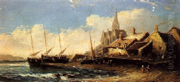 Pueblo De Pescadores Con Barcos Varados En La Playa Oil Painting by Genaro Perez Villaamil Y Duguet