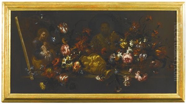 Still Life Of An Upturned Vase Of Flowers, With A Canvas Painting Showing Saint Joseph Holding The Christ Child, And Another Showing Saint Nicolas Of Bari Oil Painting by Bartolome Perez