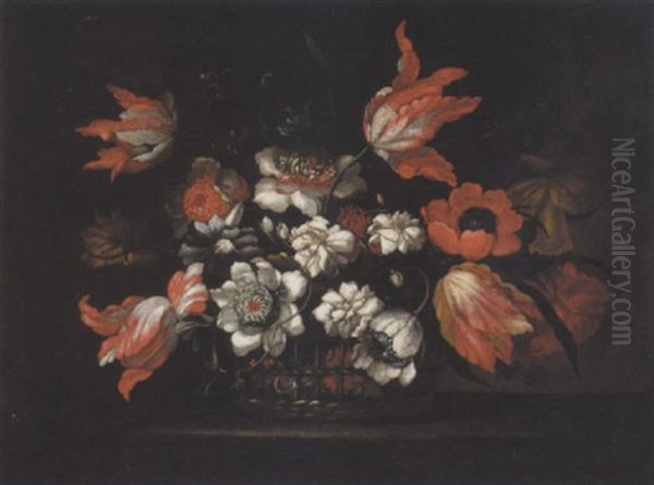 Still Life Of Tulips, Chrysanthemums, Poppies And Morning Glory In A Wicker Basket On A Stone Ledge Oil Painting by Bartolome Perez