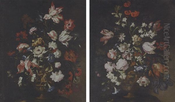 Tulips, Roses, Morning Glory, Carnations And Other Flowers In A Sculpted Urn On A Stone Plinth Oil Painting by Bartolome Perez