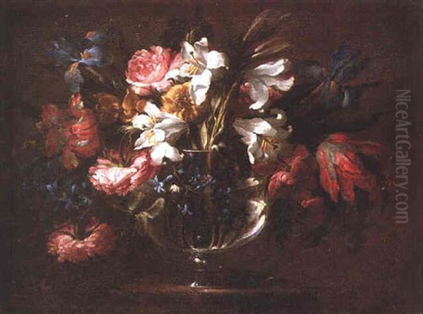 A Still Life Of Roses, Lilies, Bluebells And Tulips In A Glass Bowl On A Stone Ledge Oil Painting by Bartolome Perez