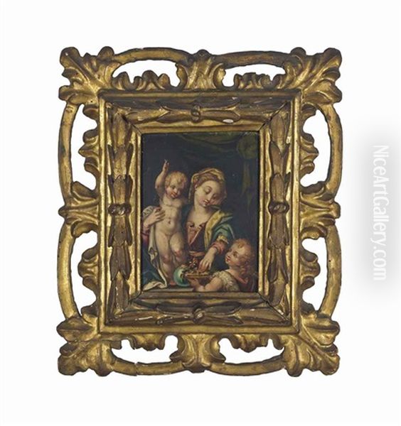 The Madonna And Child With The Infant Saint John The Baptist Oil Painting by Perino Del Vaga (Pietro Bonaccors