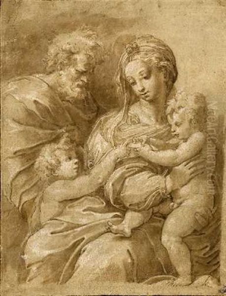 Heilige Familie Mit Johannes Oil Painting by Perino Del Vaga (Pietro Bonaccors