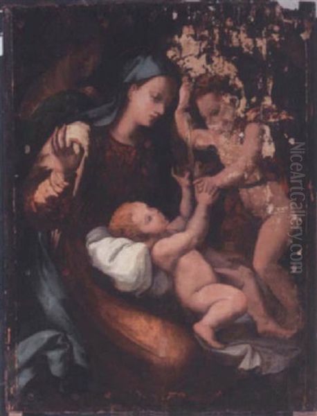 The Madonna And Child With The Infant Saint John The Baptist Oil Painting by Perino Del Vaga (Pietro Bonaccors