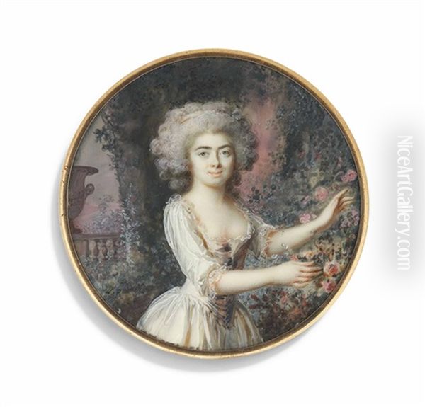 A Young Lady In A Floral Landscape With Pink Roses And An Urn, In White Dress, Powdered Curling Hair Oil Painting by Lie-Louis Perin-Salbreux
